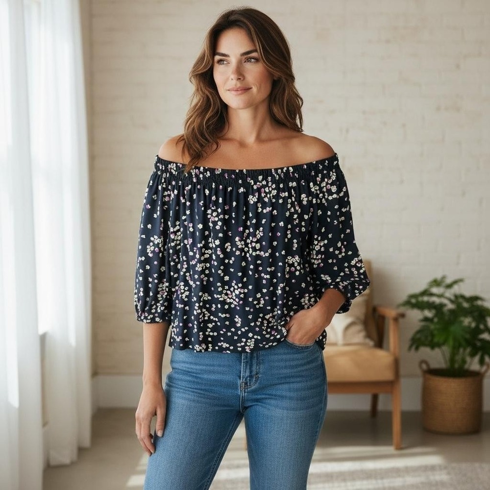 J Jill Wearever Collection Womens Off Shoulder Blouse‎ Large Floral